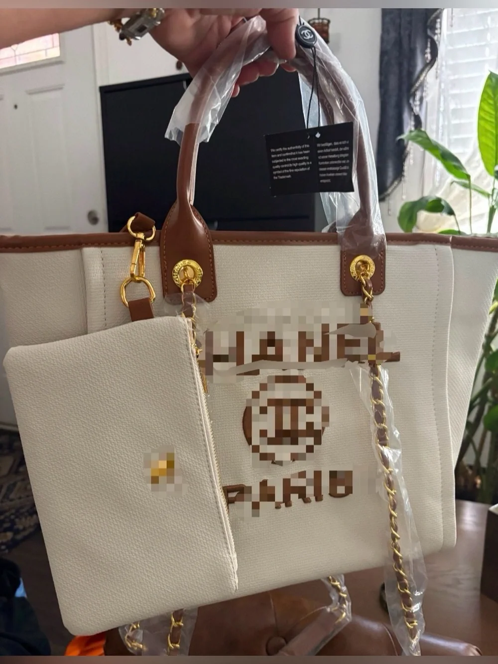 Cream and Brown Structured Tote with Detachable Pouch